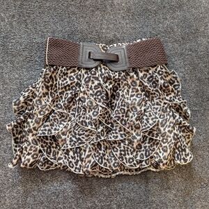 Streetwear Society Leopard Print Ruffled Mini Skirt with Brown Belt